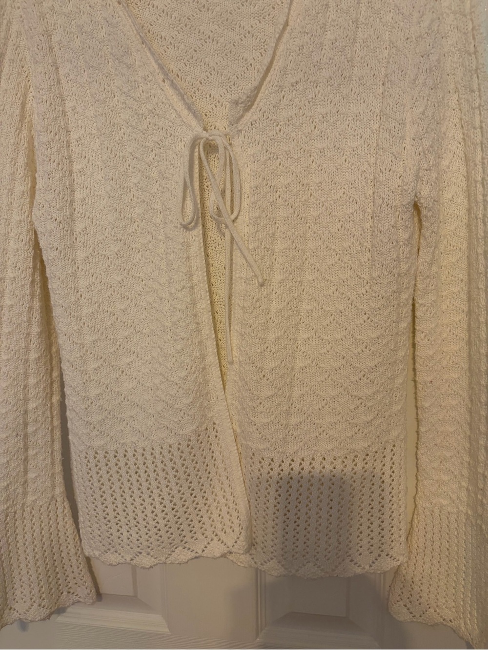 Cream Open-Knit Tie-Front Women's Sweater